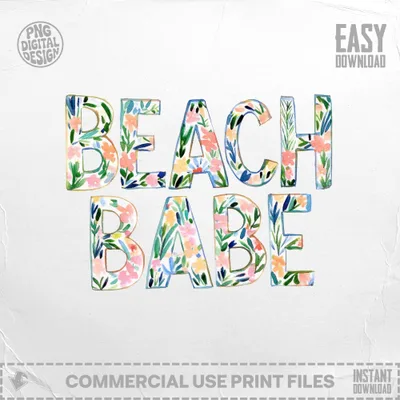 Watercolor "BEACH BABE" text with floral accents, offering commercial use.