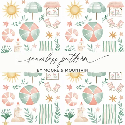 Beach Seamless Pattern, Summer Vibes Digital Paper, Pastel Seaside Repeat Pattern, Beachy Digital Paper, Summertime Design