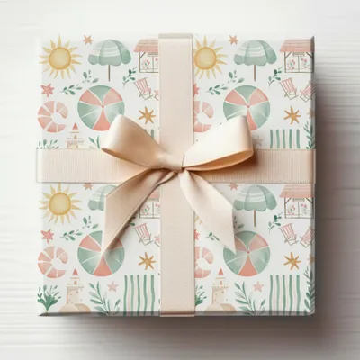 Beach Theme Gift Wrap with Beige Ribbon Package