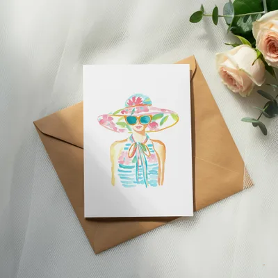 Watercolor illustration of a woman in a floral hat and striped top.