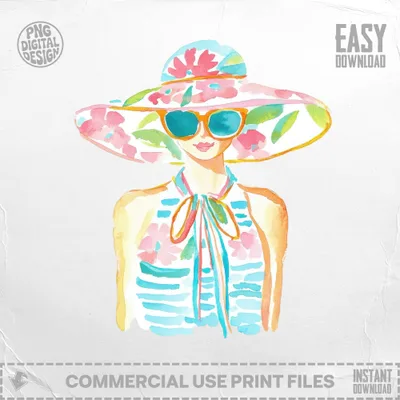 Watercolor illustration of woman in sunhat and sunglasses with floral pattern.