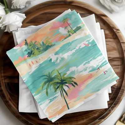 Beachy Seamless Pattern, Digital Tropical Summer Illustration, Summer Vibes Graphic, Beach, Palm Trees, Surfing, Digital Paper, Fabric Design - Moore and Mountain