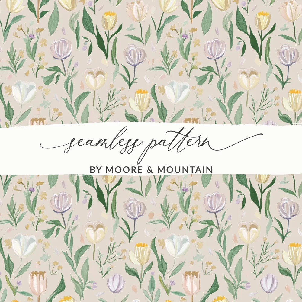 Beige Floral Digital Paper, Watercolor Tulip Pattern, Spring Flower Print, Neutral Seamless Background, Aesthetic Design, for Crafts, Fabric - Moore and Mountain