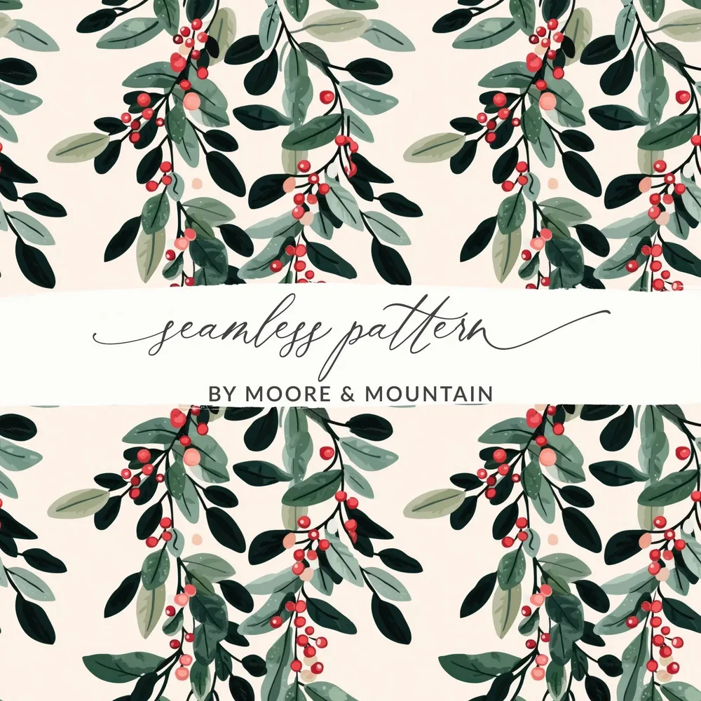 Berries and Leaves Digital Paper, Seamless Botanical Pattern, Watercolor Floral Design, Nature Print, Scrapbook Paper, Fabric Design - Moore and Mountain