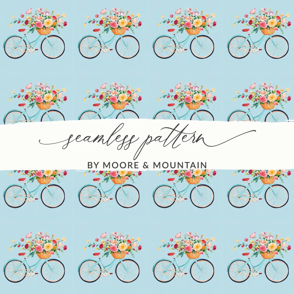 Bicycle Flower Basket Digital Paper, Seamless Pattern, Watercolor Bike Clipart, Floral Bike Design, Spring Digital Paper, Digital Download - Moore and Mountain