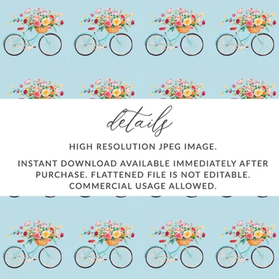 Bicycle Flower Basket Digital Paper, Seamless Pattern, Watercolor Bike Clipart, Floral Bike Design, Spring Digital Paper, Digital Download - Moore and Mountain