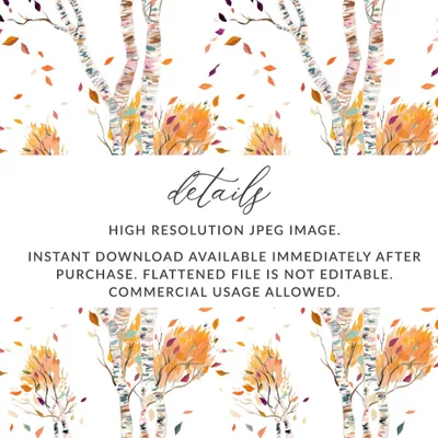 Birch Tree Digital Paper, Seamless Autumn Pattern, Fall Leaves Image, Watercolor Trees Digital Download, Printable Scrapbook Paper - Moore and Mountain