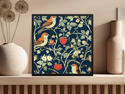 Bird Strawberry Digital Pattern, Seamless Tileable Design, Vintage Inspired Paper, Fabric Print, Floral, JPEG Files - Moore and Mountain