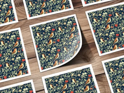 Bird Strawberry Pattern, Seamless Floral Digital Paper Pack, Vintage Botanical Repeat Pattern, Printable Fabric, Scrapbook Paper, DIY Crafts - Moore and Mountain