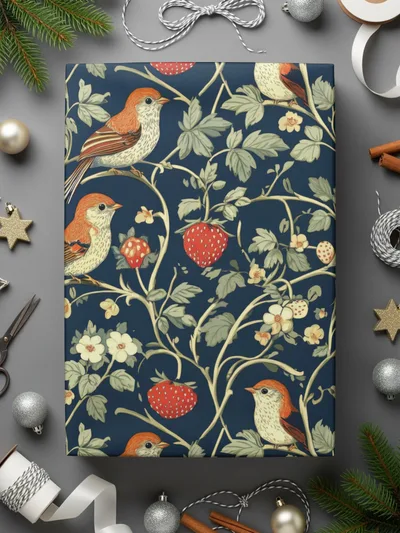 Bird Strawberry Pattern, Seamless Floral Digital Paper Pack, Vintage Botanical Repeat Pattern, Printable Fabric, Scrapbook Paper, DIY Crafts - Moore and Mountain