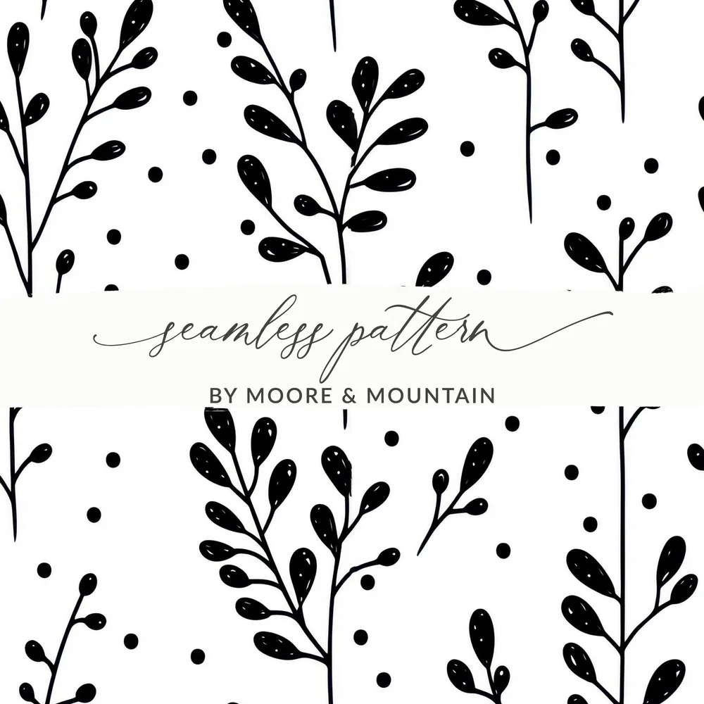 Black and White Abstract Doodle Digital Paper, Geometric Leaves Pattern, Minimalist Design, Scrapbooking Paper, Digital Background - Moore and Mountain