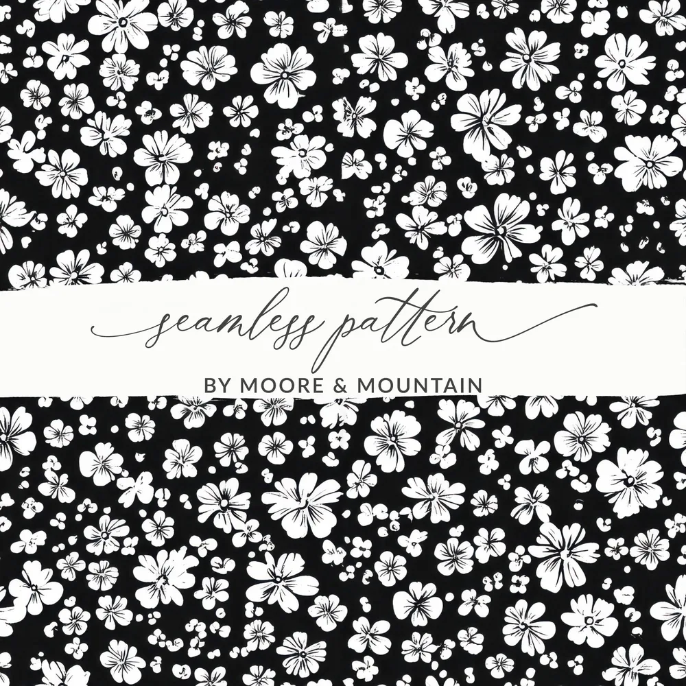 Black and White Floral Doodle, Abstract Digital Paper, Flower Pattern, Modern Design, Seamless Printable, Commercial Use - Moore and Mountain