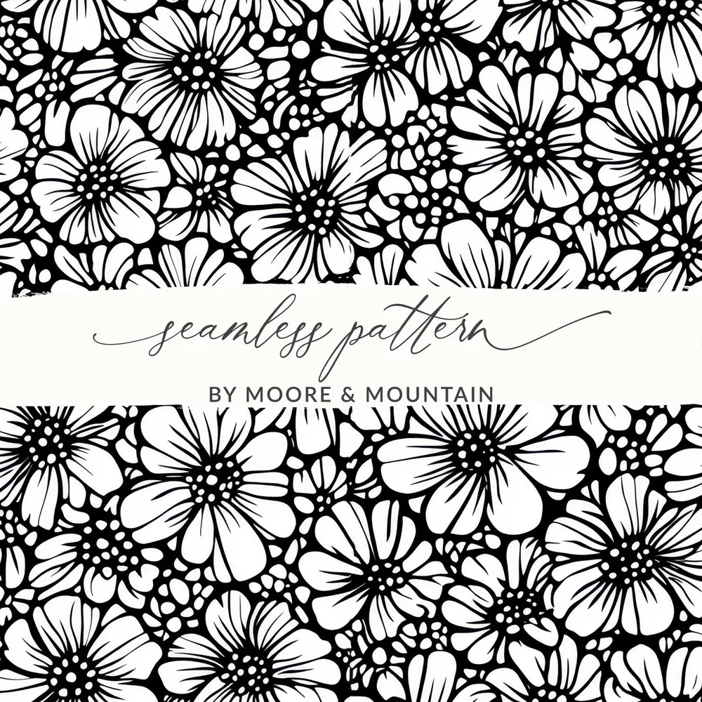 Black and White Floral Doodle, Abstract Digital Paper, Seamless Pattern, Modern Fabric Design, DIY Craft Project, Scrapbook, Digital - Moore and Mountain