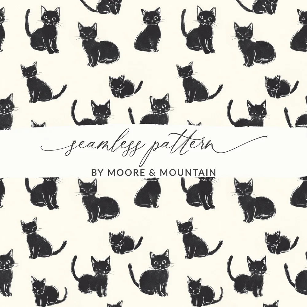Black Cat Digital Paper, Kitten Seamless Pattern, Cute Animal Illustration, Digital Backgrounds, Scrapbooking, Crafts, Fabric, Commercial - Moore and Mountain
