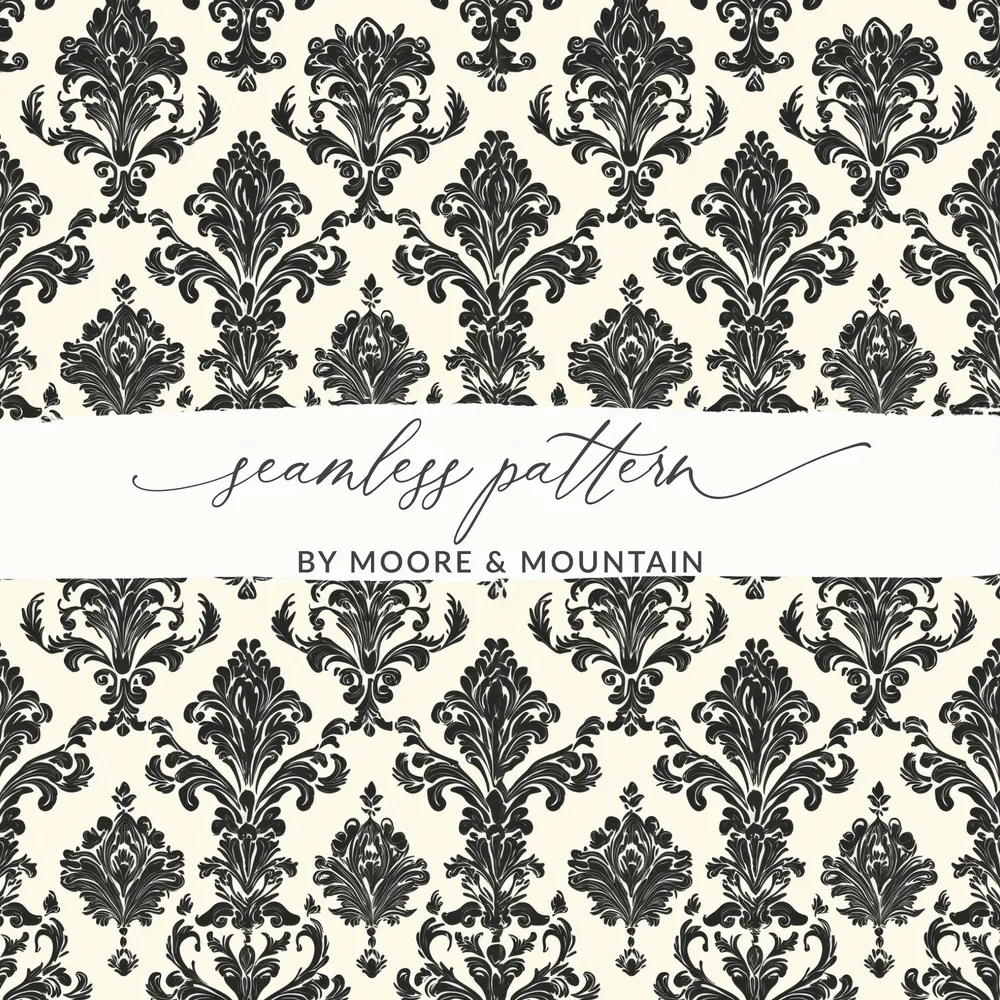 Black Damask Vintage Ornament Classic Repeating Background Design Digital - Moore and Mountain