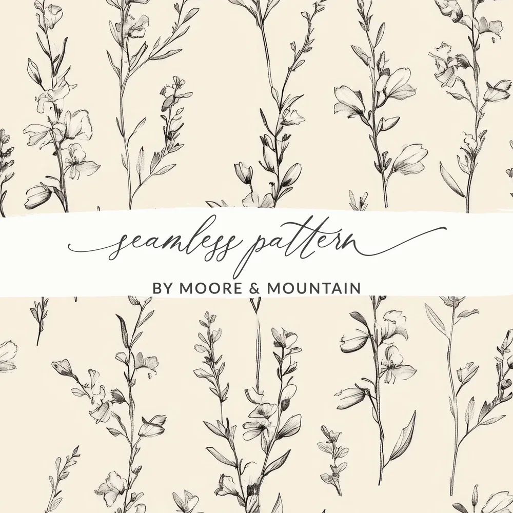 Black Floral Line Art Digital Paper, Botanical Print Cream Background, Seamless Pattern, Abstract Floral for Fabric, Scrapbook, Wallpaper - Moore and Mountain