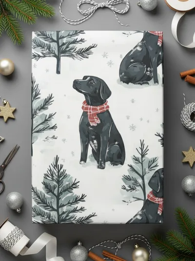 Black Labrador Winter Digital Art, Christmas Dog Pattern, Holiday Pet Print, Neutral Wallpaper, Scandinavian Dogs Decor - Moore and Mountain