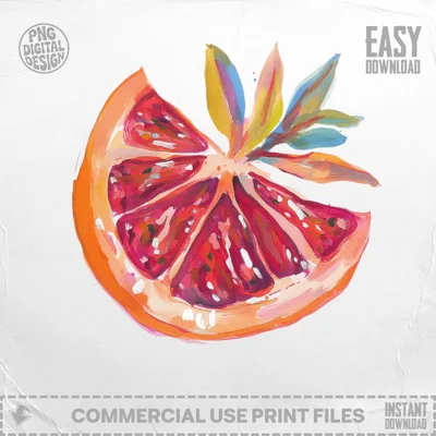 Watercolor illustration of a blood orange slice with leaves and "easy download" text.