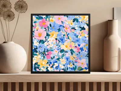Blue Acrylic Floral Seamless Pastel Floral Garden Digital Pattern | Painterly Design for Printables & Crafts - Moore and Mountain