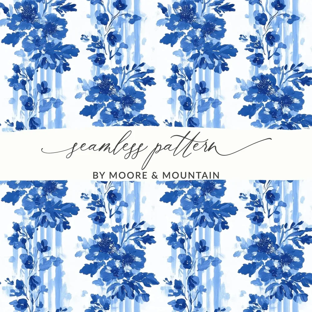 Blue and White Floral Digital Paper, Watercolor Flower Pattern, Seamless Digital Pattern, Blue Watercolor Flower Stripes - Moore and Mountain