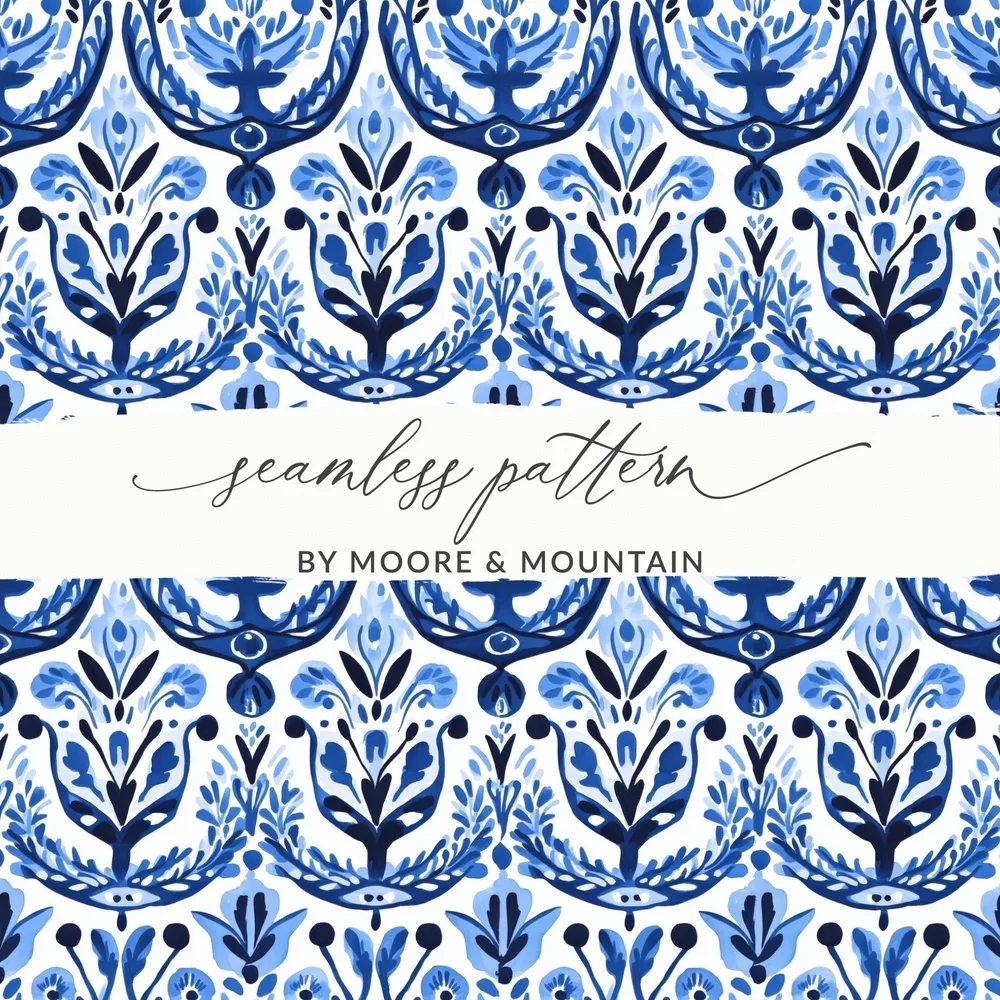 Blue and White Floral Pattern Seamless Vector Background Digital - Moore and Mountain