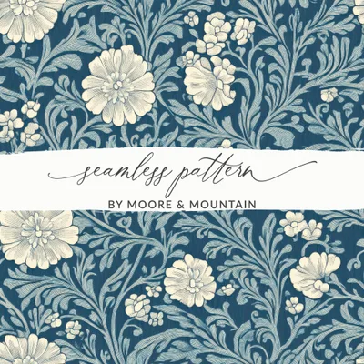 Blue and White Seamless William Morris Vines Background Blue and Cream Digital