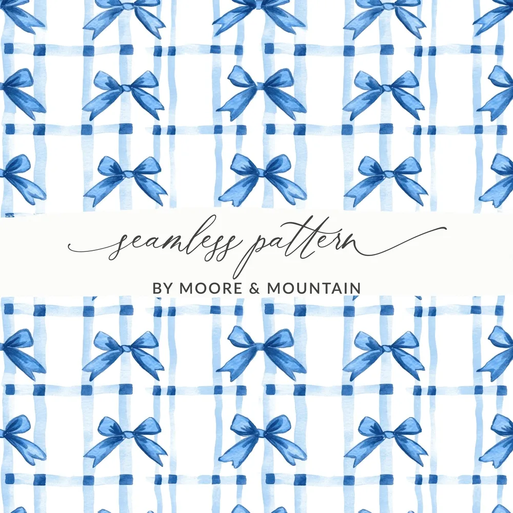 Blue Bow Digital Paper, Gingham Background, Seamless Pattern, Scrapbook Paper, Fabric Design, Watercolor Design, Cute Pattern - Moore and Mountain