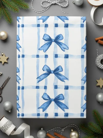 Blue Bow Digital Paper, Gingham Background, Seamless Pattern, Scrapbook Paper, Fabric Design, Watercolor Design, Cute Pattern - Moore and Mountain