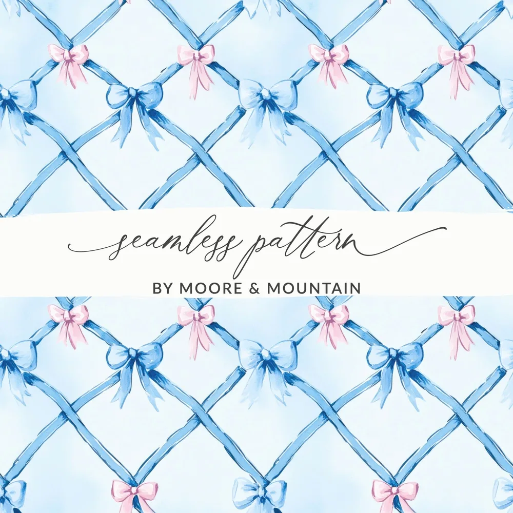Blue Bow Digital Paper, Pink Bows Pattern, Watercolor Floral, Abstract Background, Digital Seamless Pattern, Scrapbook Paper, Commercial Use - Moore and Mountain