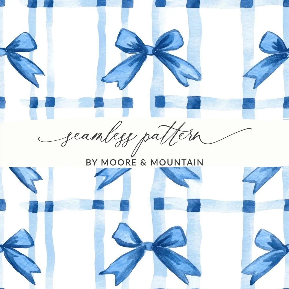 Blue Bow Seamless Digital Paper, Watercolor Plaid Pattern, Fabric Design, Digital Scrapbooking, Ribbon Texture, Gift Wrap, Digital Files - Moore and Mountain