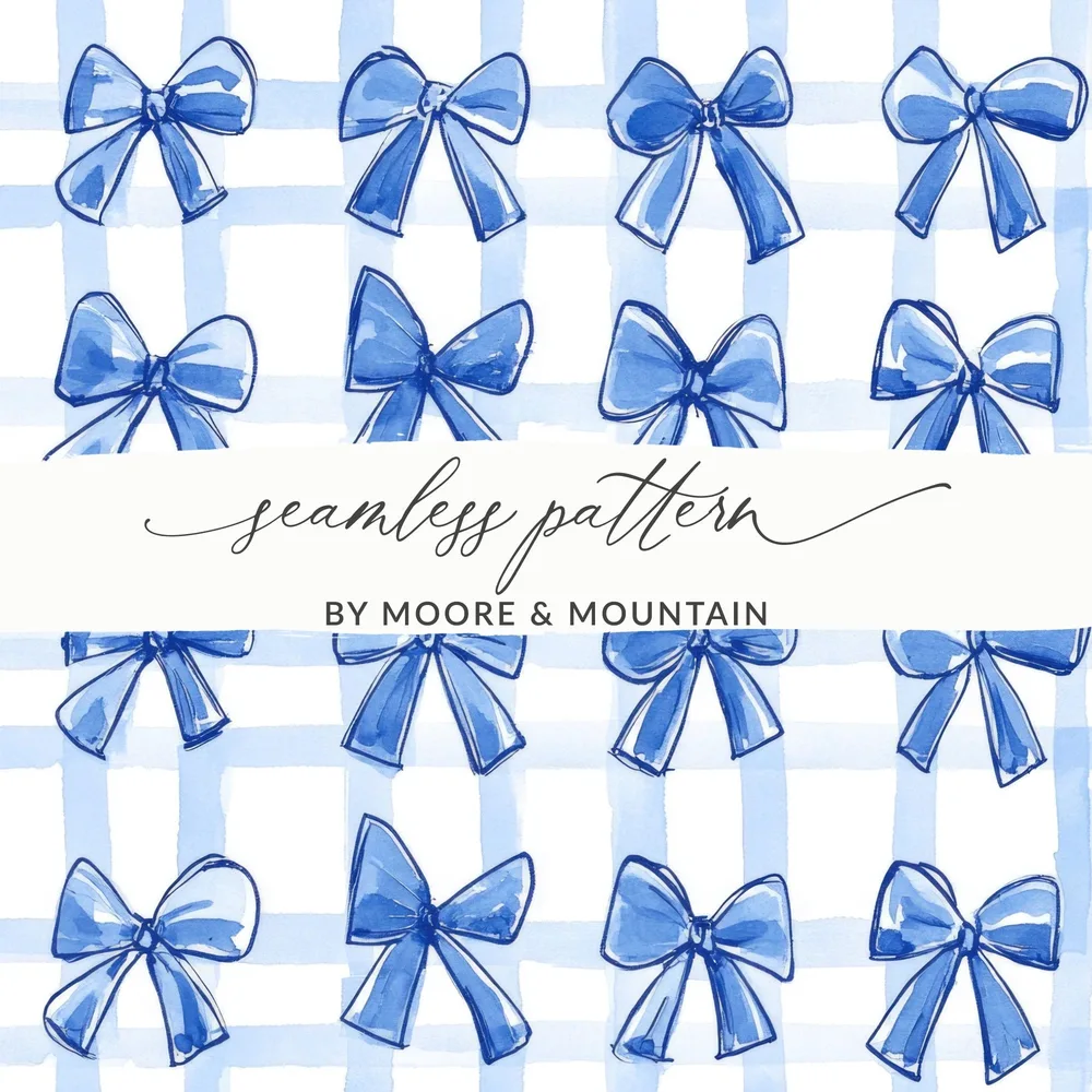 Blue Bow Seamless Pattern, Watercolor Digital Paper, Gift Wrap, Fabric Design, Scrapbooking, Background, Commercial Use, Digital - Moore and Mountain