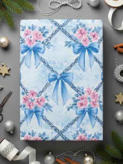 Blue Bows and Pink Flowers Digital Paper, Watercolor Floral, Seamless Pattern, Fabric Design, Scrapbooking Paper, Printable Art - Moore and Mountain