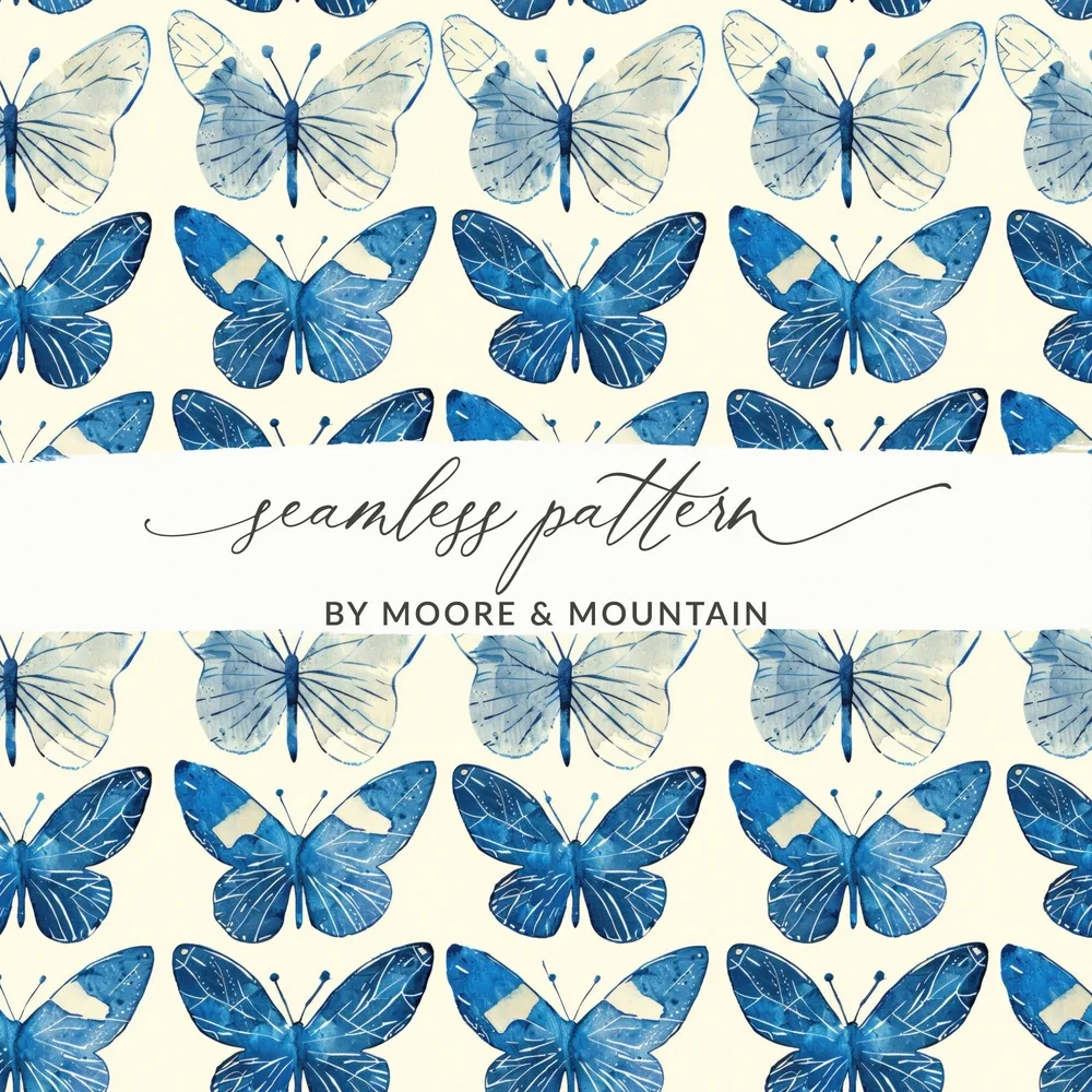 Blue Butterfly Pattern, Digital Paper, Seamless Background, Scrapbook Paper, Watercolor Butterfly Art, Commercial Use - Moore and Mountain