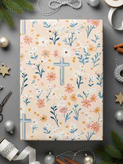 Blue Cross Floral Digital Paper, Spring Flowers Seamless Pattern, Easter Design, Religious Fabric Print, Christian Background - Moore and Mountain