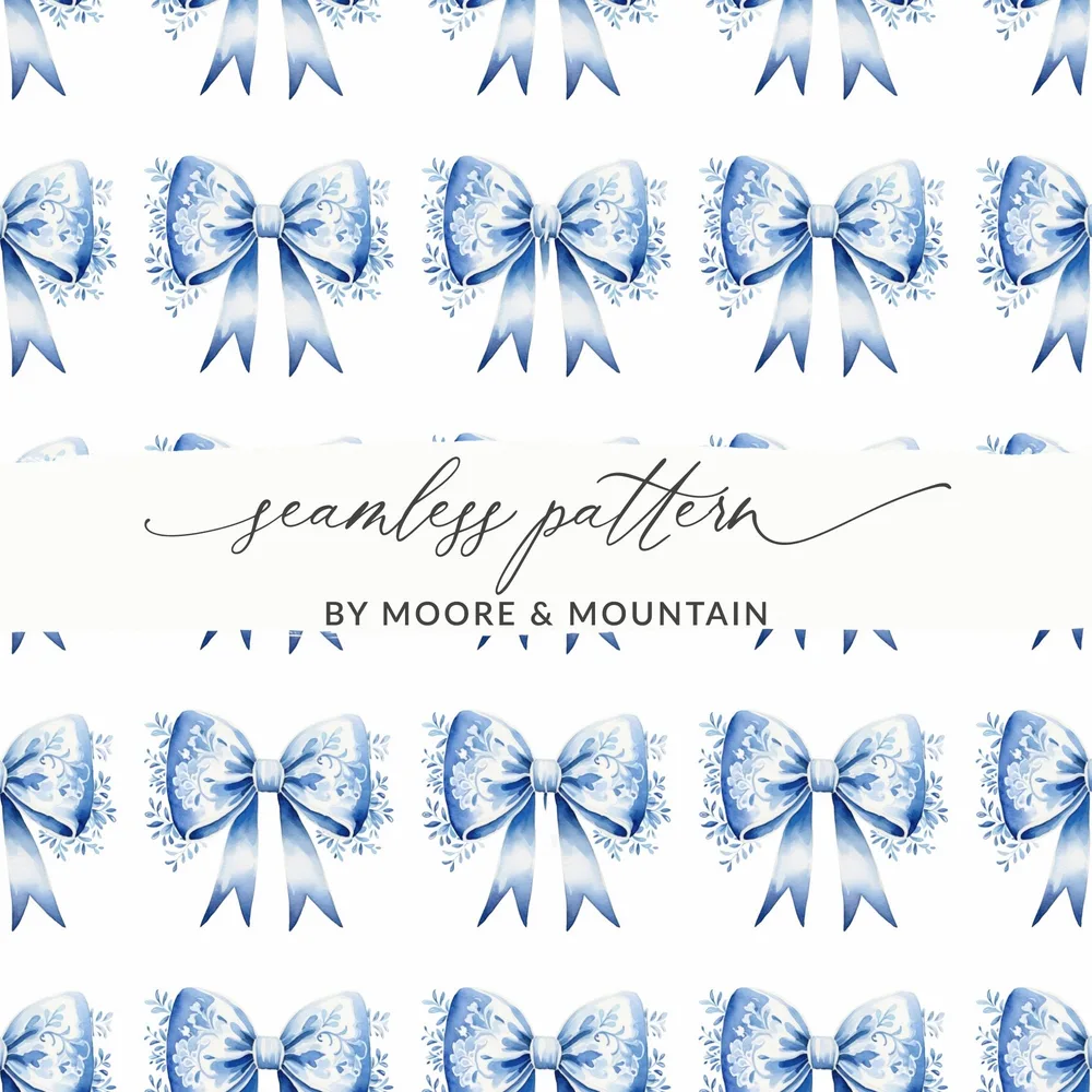 Blue Floral Bow Digital Paper, Seamless Patterns for Scrapbooking, Watercolor Bows, Festive Digital Design, Craft Project, Digital Product - Moore and Mountain
