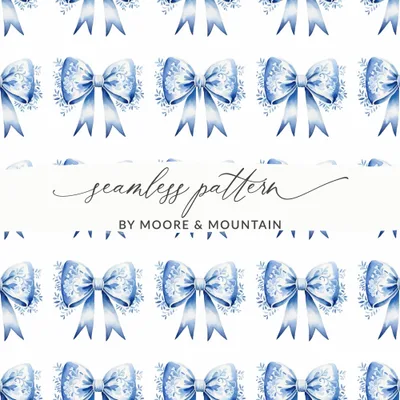 Blue Floral Bow Digital Paper, Seamless Patterns for Scrapbooking, Watercolor Bows, Festive Digital Design, Craft Project, Digital Product