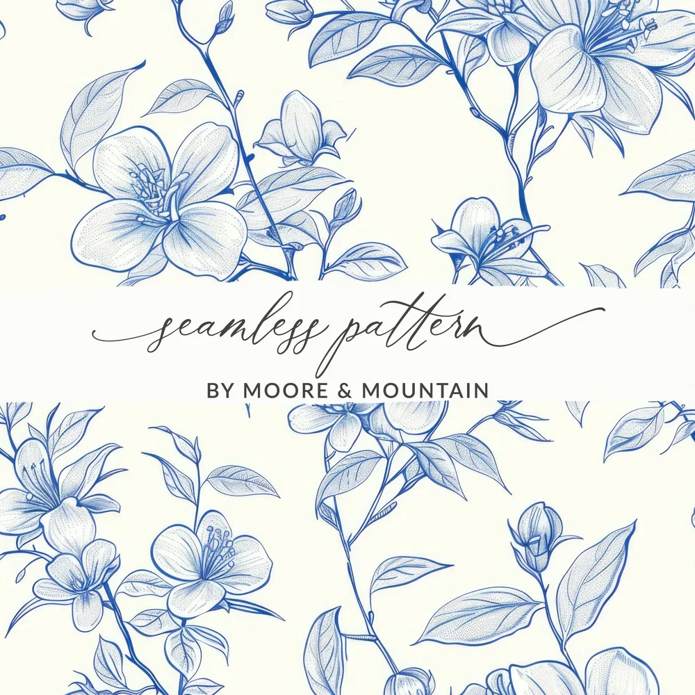Blue Floral Branches Pattern Detailed Design Artwork Digital - Moore and Mountain