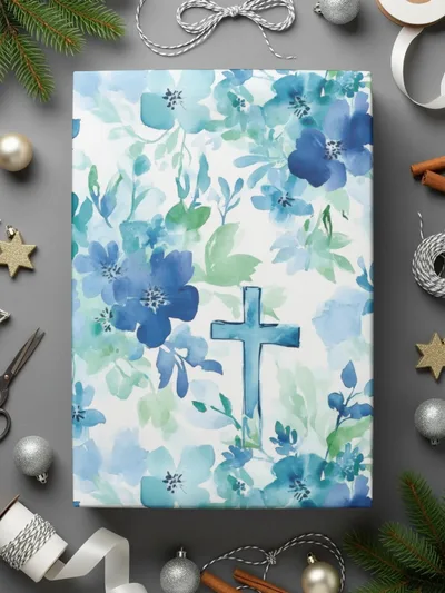 Blue Floral Cross Digital Paper, Seamless Pattern, Baptism Fabric, Watercolor Flowers, Church Scrapbook, Printable, Religious Digital - Moore and Mountain