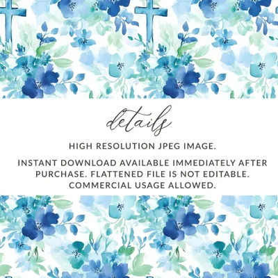 Blue Floral Cross Digital Paper, Seamless Pattern, Baptism Fabric, Watercolor Flowers, Church Scrapbook, Printable, Religious Digital - Moore and Mountain