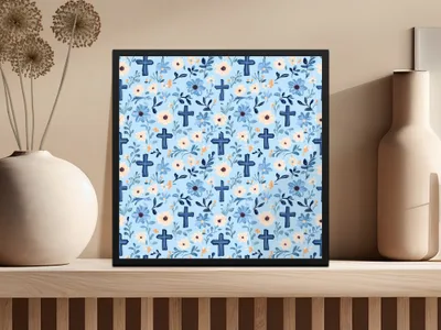 Blue Floral Cross Seamless Pattern, Digital Paper Download, Christian Fabric Design, Church Graphics, Religious Art Digital - Moore and Mountain