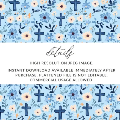Blue Floral Cross Seamless Pattern, Digital Paper Download, Christian Fabric Design, Church Graphics, Religious Art Digital - Moore and Mountain