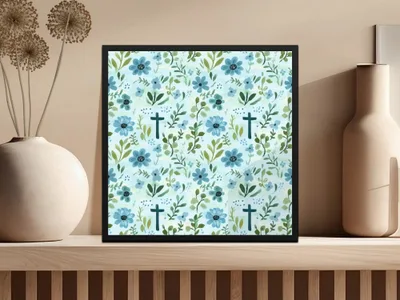 Blue Floral Cross Seamless Pattern, Digital Paper Pack, Watercolor Flower Design, Religious Fabric Print, Commercial Use, 12x12 JPEG - Moore and Mountain