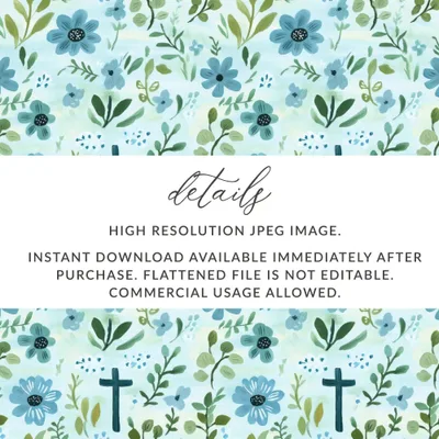 Blue Floral Cross Seamless Pattern, Digital Paper Pack, Watercolor Flower Design, Religious Fabric Print, Commercial Use, 12x12 JPEG - Moore and Mountain