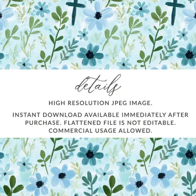 Blue Floral Cross Seamless Pattern Digital Paper, Watercolor Flowers Digital Download, Religious Fabric Print, Floral Print Design - Moore and Mountain
