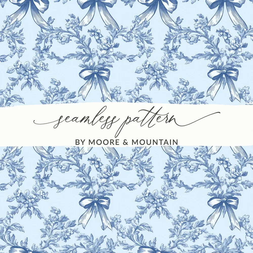 Blue Floral Digital Paper, Seamless Bow Pattern, Vintage Style Scrapbook Paper, Light Blue Fabric Print, Invitation Background - Moore and Mountain
