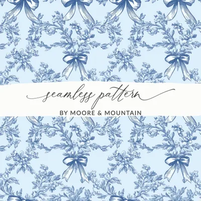 Blue Floral Digital Paper, Seamless Bow Pattern, Vintage Style Scrapbook Paper, Light Blue Fabric Print, Invitation Background