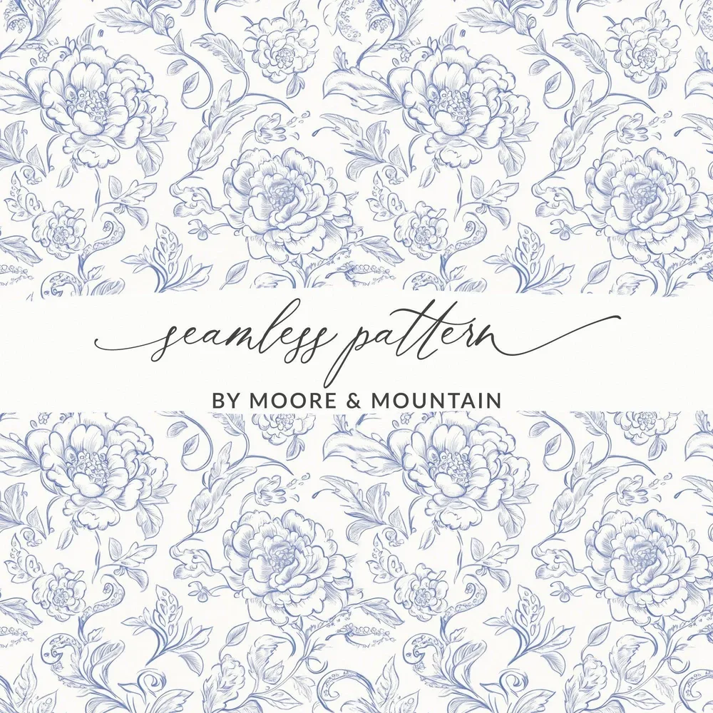 Blue Floral Digital Paper, Seamless Flower Pattern, Elegant Botanical Design, Scrapbook Paper, Printable Fabric Design, Repeat Pattern - Moore and Mountain