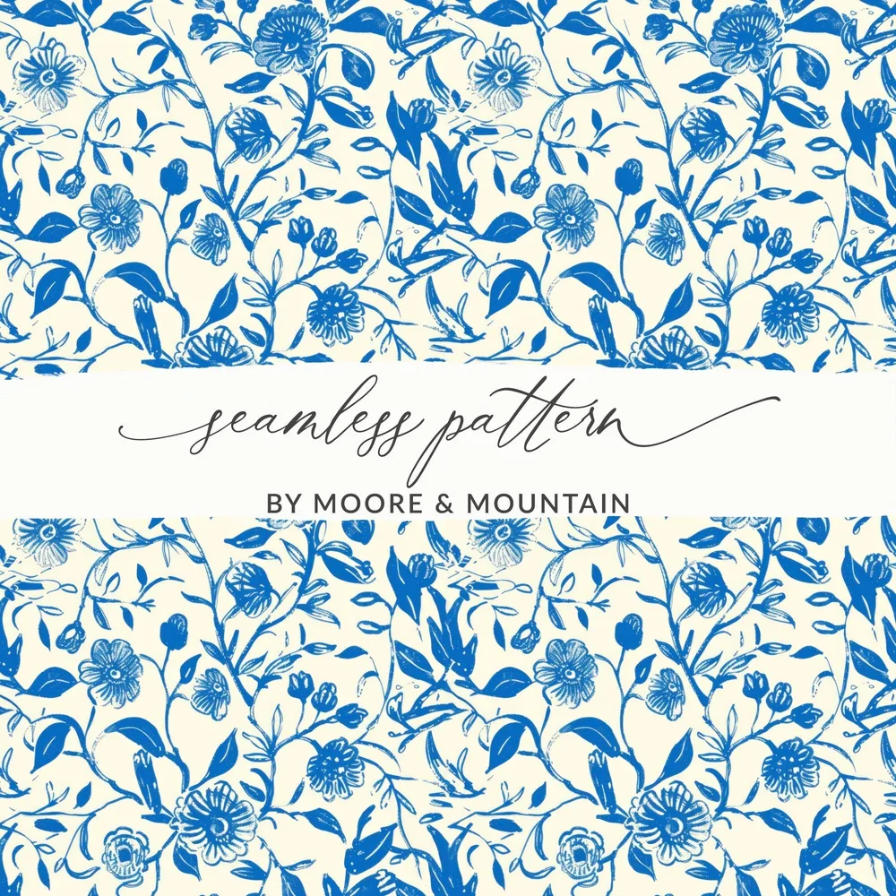 Blue Floral Digital Paper, Seamless Flower Pattern, Printable Fabric Design, Botanical Scrapbook Paper, Repeat Pattern Download - Moore and Mountain