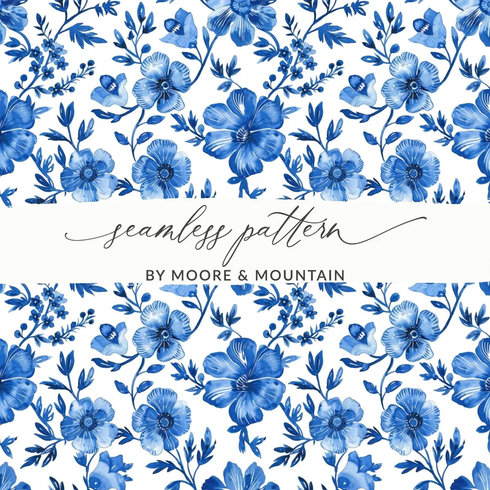 Blue Floral Digital Paper, Seamless Pattern, Flower Digital Background, Printable Fabric Pattern, Scrapbook Paper, Digital Download - Moore and Mountain