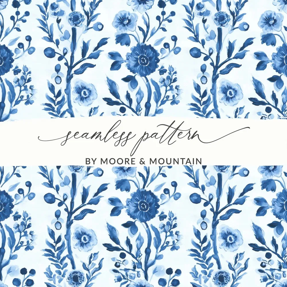 Blue Floral Digital Paper, Seamless Pattern, Watercolor Flowers, Scrapbook Paper, Fabric Design, Background, Printable Art, Digital Download - Moore and Mountain
